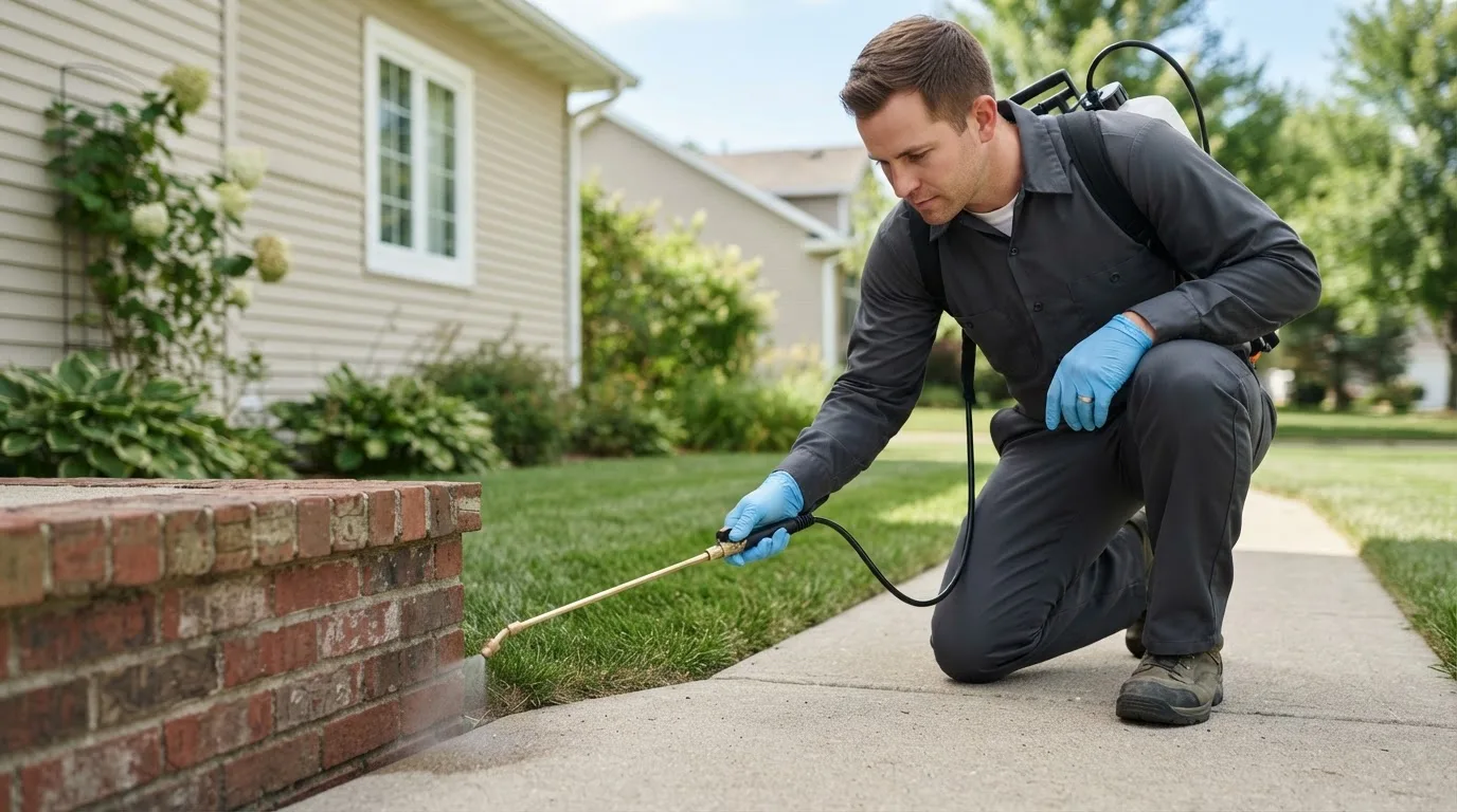 Pest control technician treating a home near Coleharbor, ND